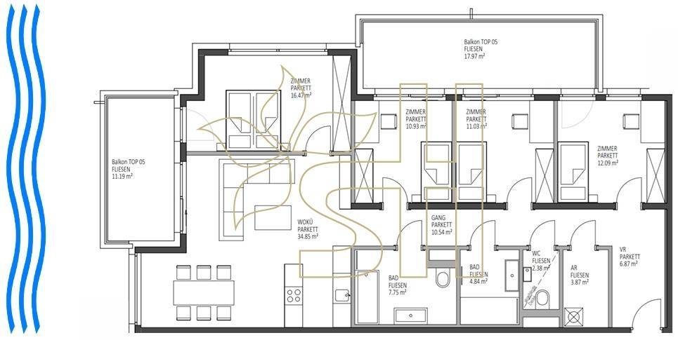 Detaillierter Grundriss einer modernen Wohnung mit mehreren Zimmern, Balkonen und offenem Wohnbereich.