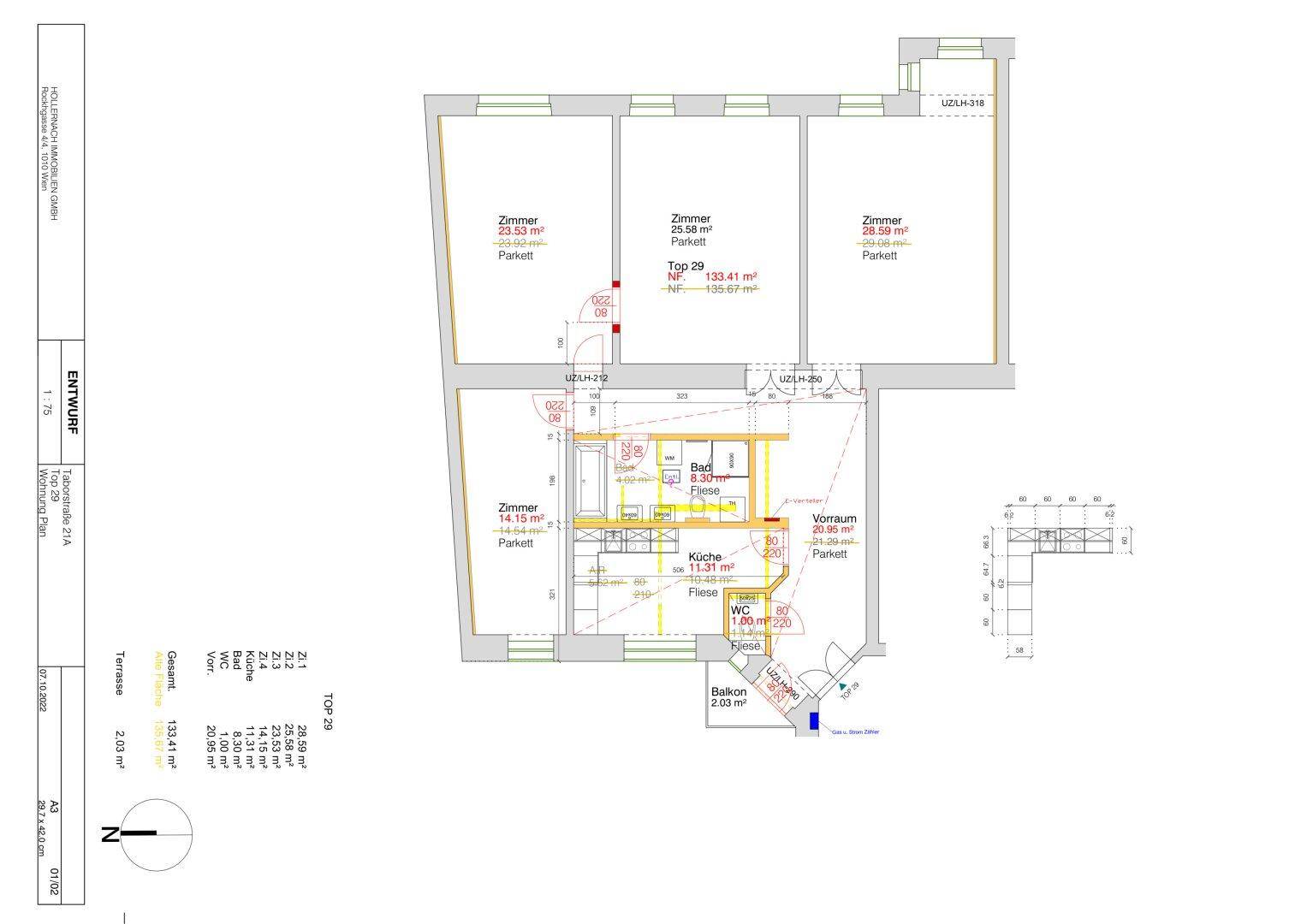 Grundriss der Wohnung Top 29 mit drei Zimmern, Küche, Bad und Balkon auf 133,41 m².