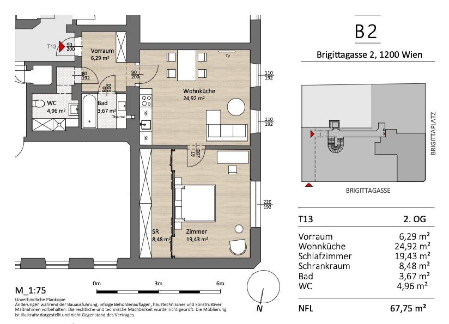 Detaillierter Grundriss der Wohnung B2 in der Brigittagasse mit Wohnküche und Schlafzimmer.