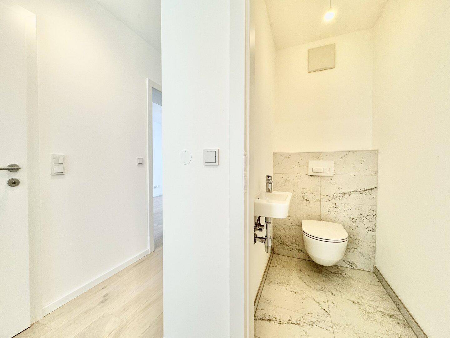 Modernes Gäste-WC mit wandhängender Toilette und stilvollen Marmorfliesen.