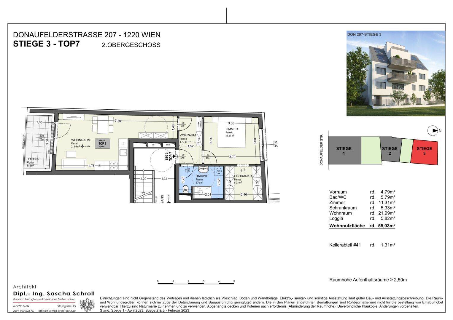 Grundriss der Wohnung mit Loggia, Bad/WC und separatem WC.