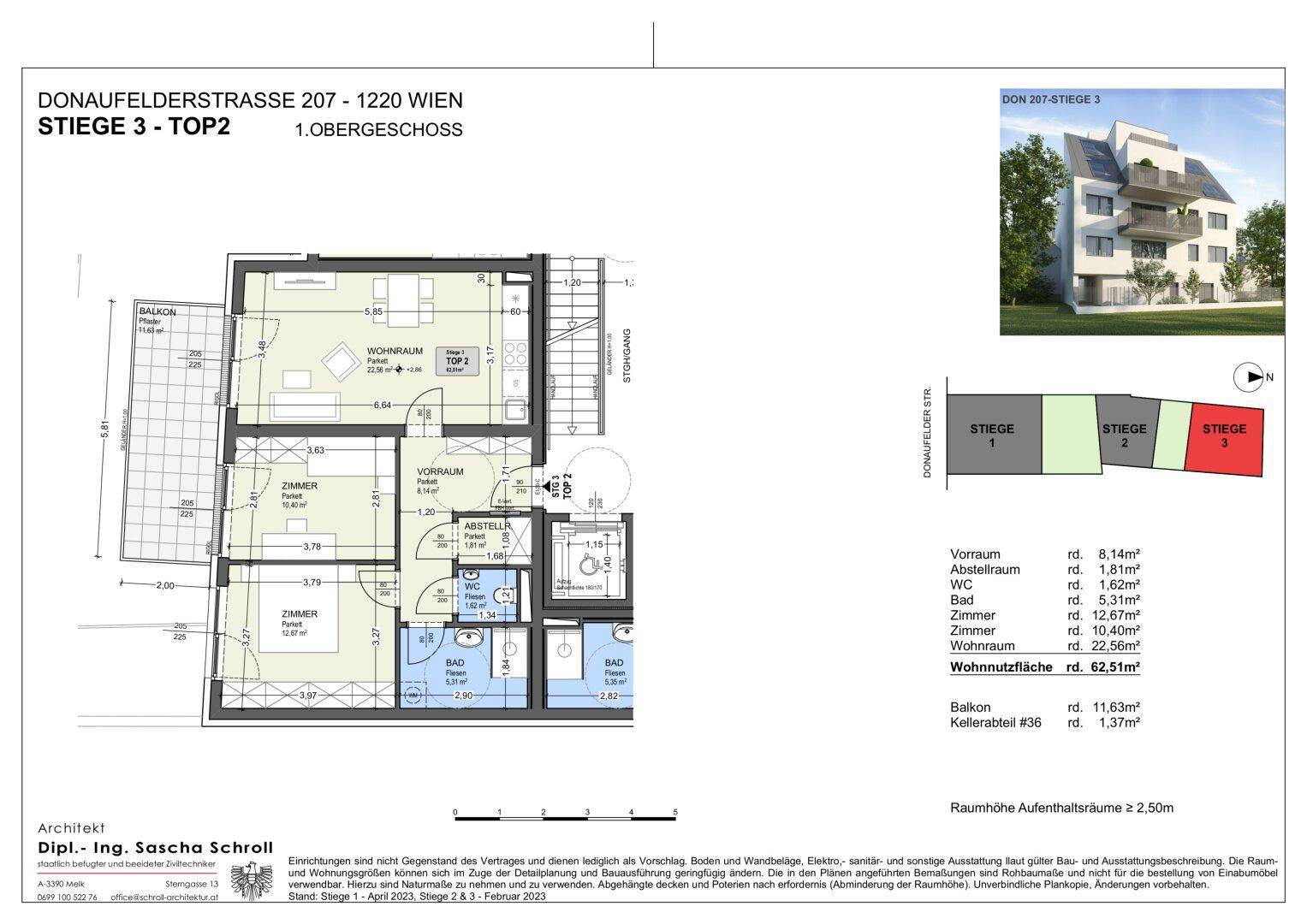 Grundriss des 1. Obergeschosses mit Balkon, Abstellraum und Kellerabteil.
