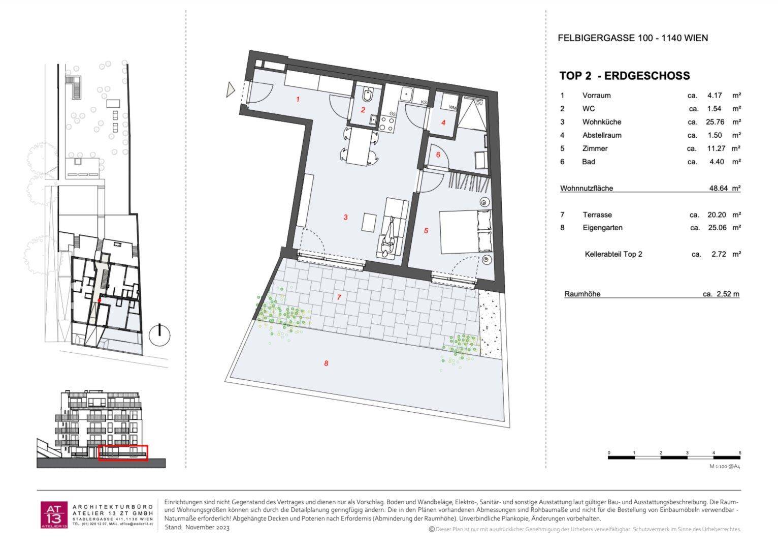 Grundriss der Erdgeschosswohnung Top 2 mit Terrasse und Eigengarten.