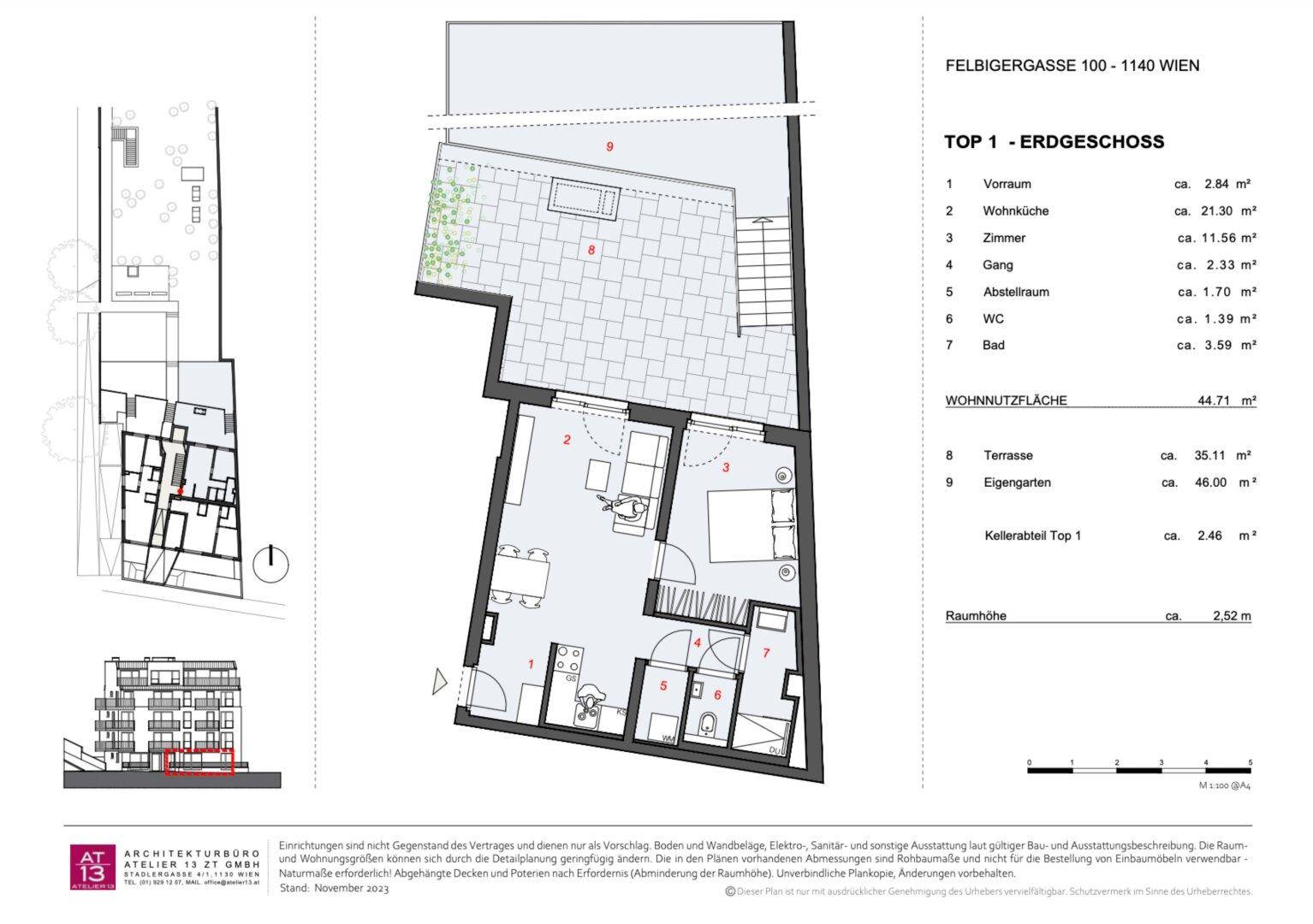 Grundriss für Erdgeschoss-Wohnung TOP 1 mit Terrasse und eigenem Gartenbereich.