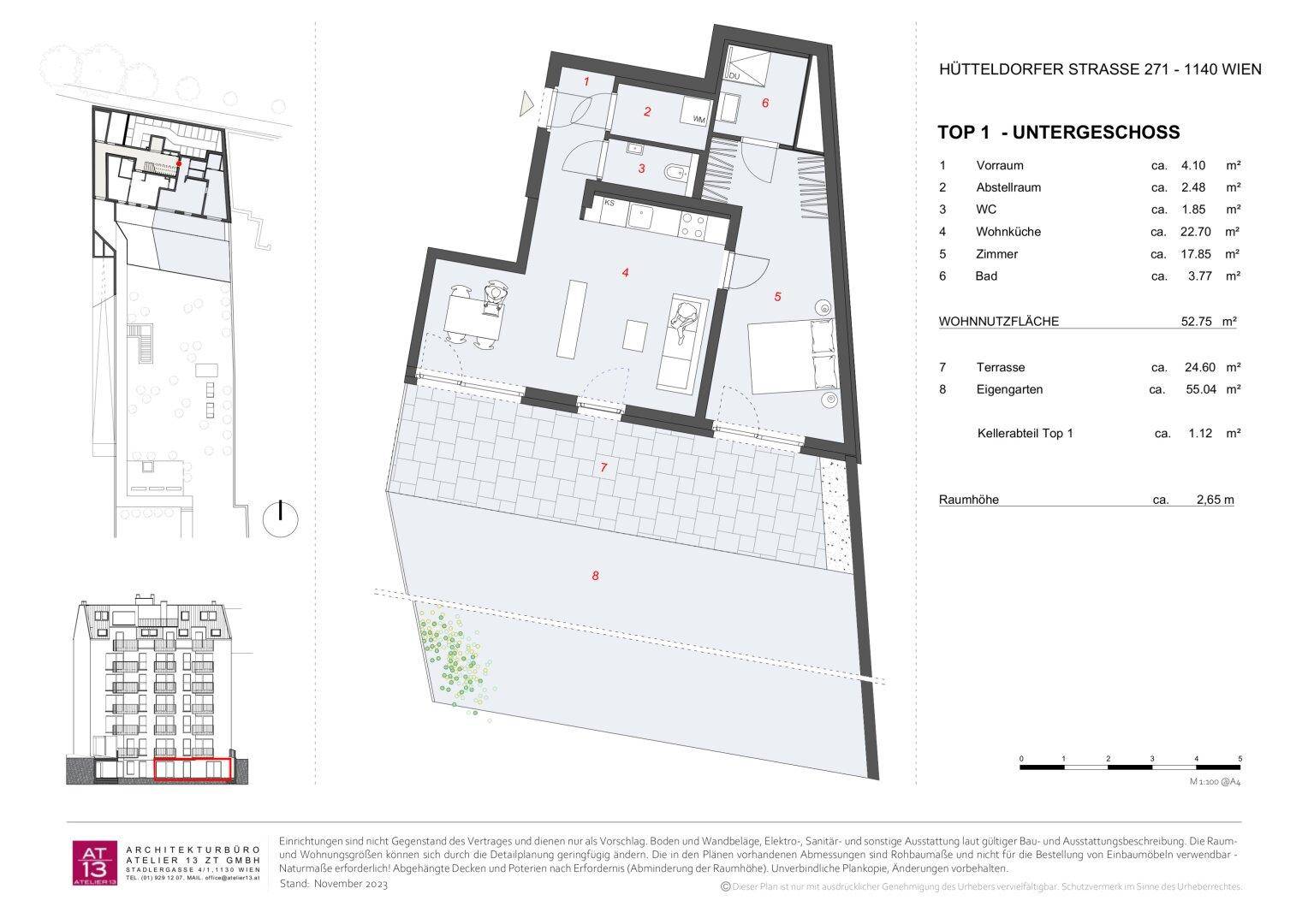 Grundriss einer Wohnung mit offenem Wohnbereich, Terrasse und eigenem Gartenanteil.