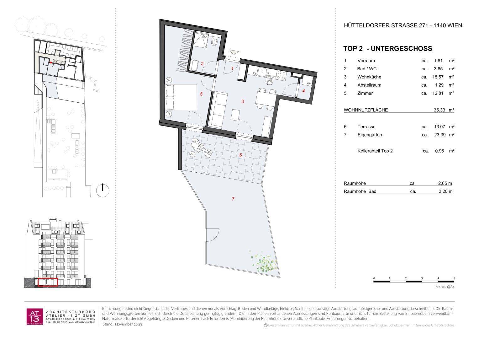 Grundriss einer Wohnung im Untergeschoss mit Terrasse, Garten und Kellerabteil.