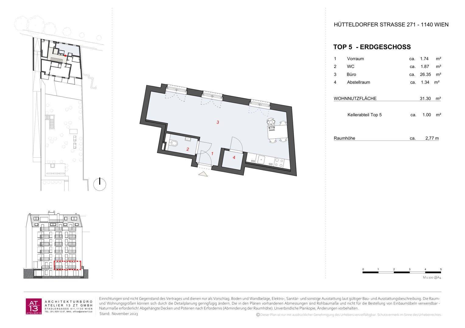Grundriss der Erdgeschosswohnung Top 5 mit offenem Wohnbereich, WC und Abstellraum.