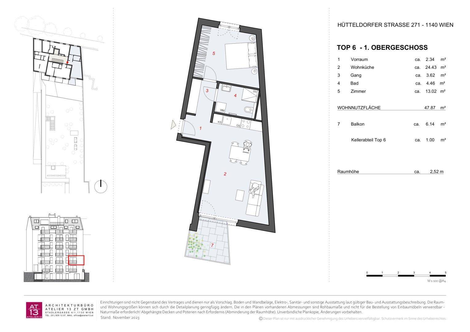 Detaillierter Grundriss einer 2-Zimmer-Wohnung im Obergeschoss mit Balkon und Kellerabteil.