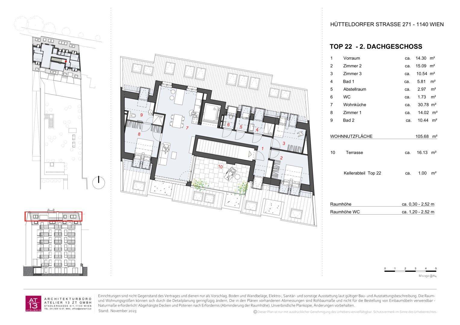 Detaillierter Grundriss einer Dachgeschosswohnung mit Terrasse und Kellerabteil.