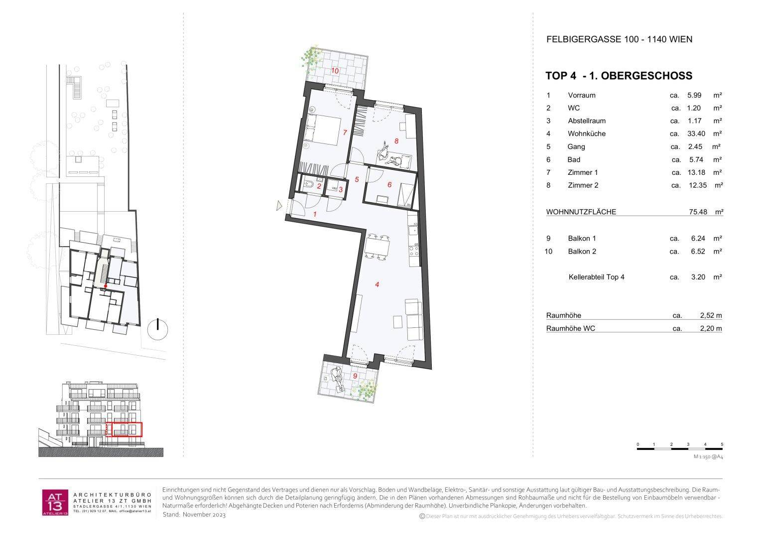 Grundriss der Wohnung Top 4 im Obergeschoss mit drei Zimmern, Wohnküche und zwei Balkonen.