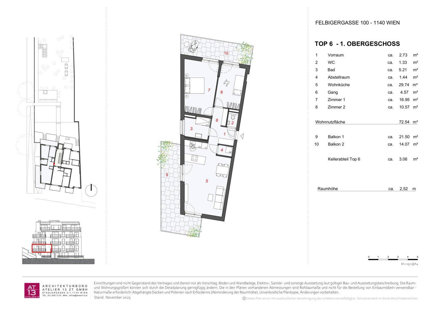 Grundriss der Wohnung Top 6 im Obergeschoss mit offenem Wohnbereich und zwei Balkonen.