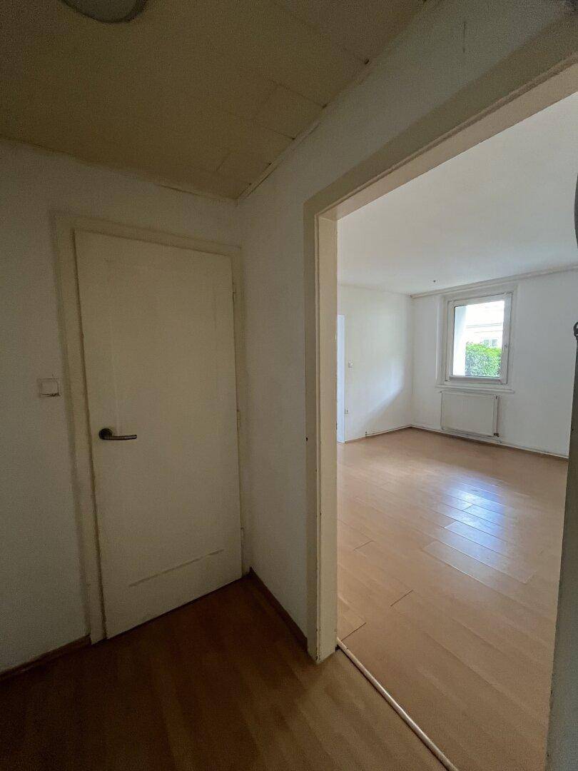 Eingangsbereich mit Holzboden und einer weißen Tür, die zu einem weiteren Zimmer führt.