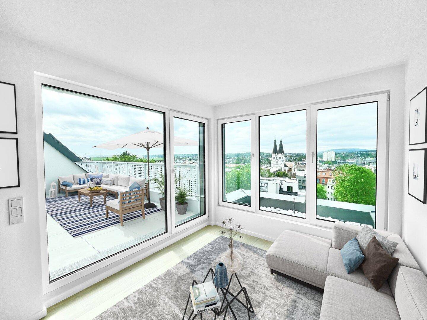 Helles Wohnzimmer mit großzügigen Fenstern, Zugang zur Terrasse und weitem Stadtblick.