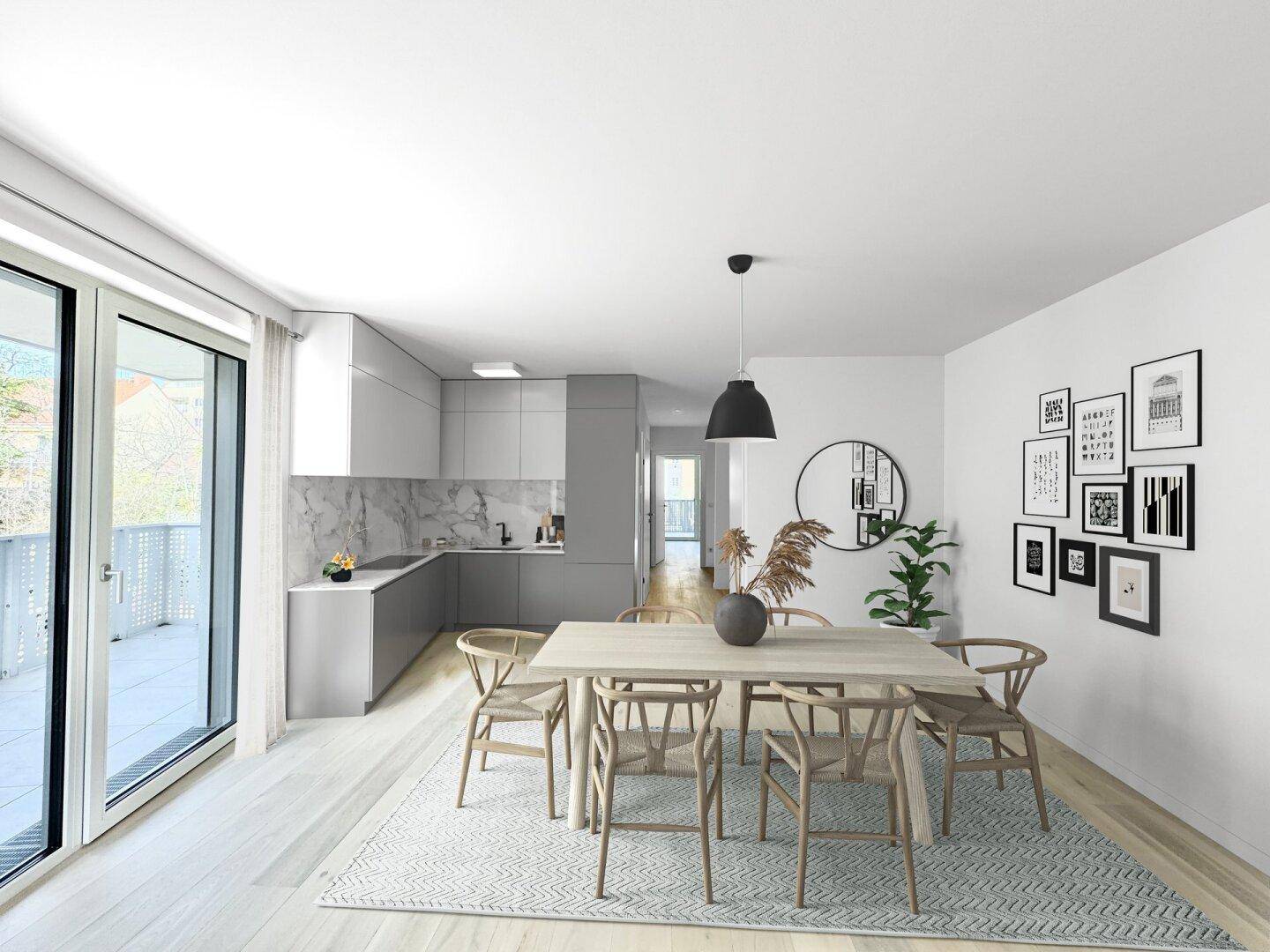 Helle, moderne Küche mit integriertem Essbereich und Zugang zum Balkon.