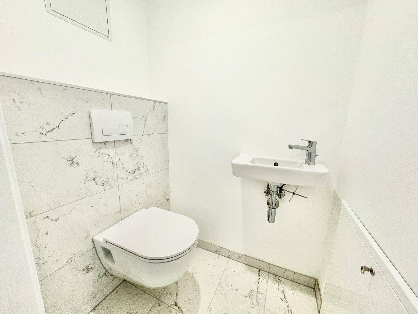 Modernes Gäste-WC mit wandhängender Toilette, kleinem Waschbecken und Marmorfliesen.