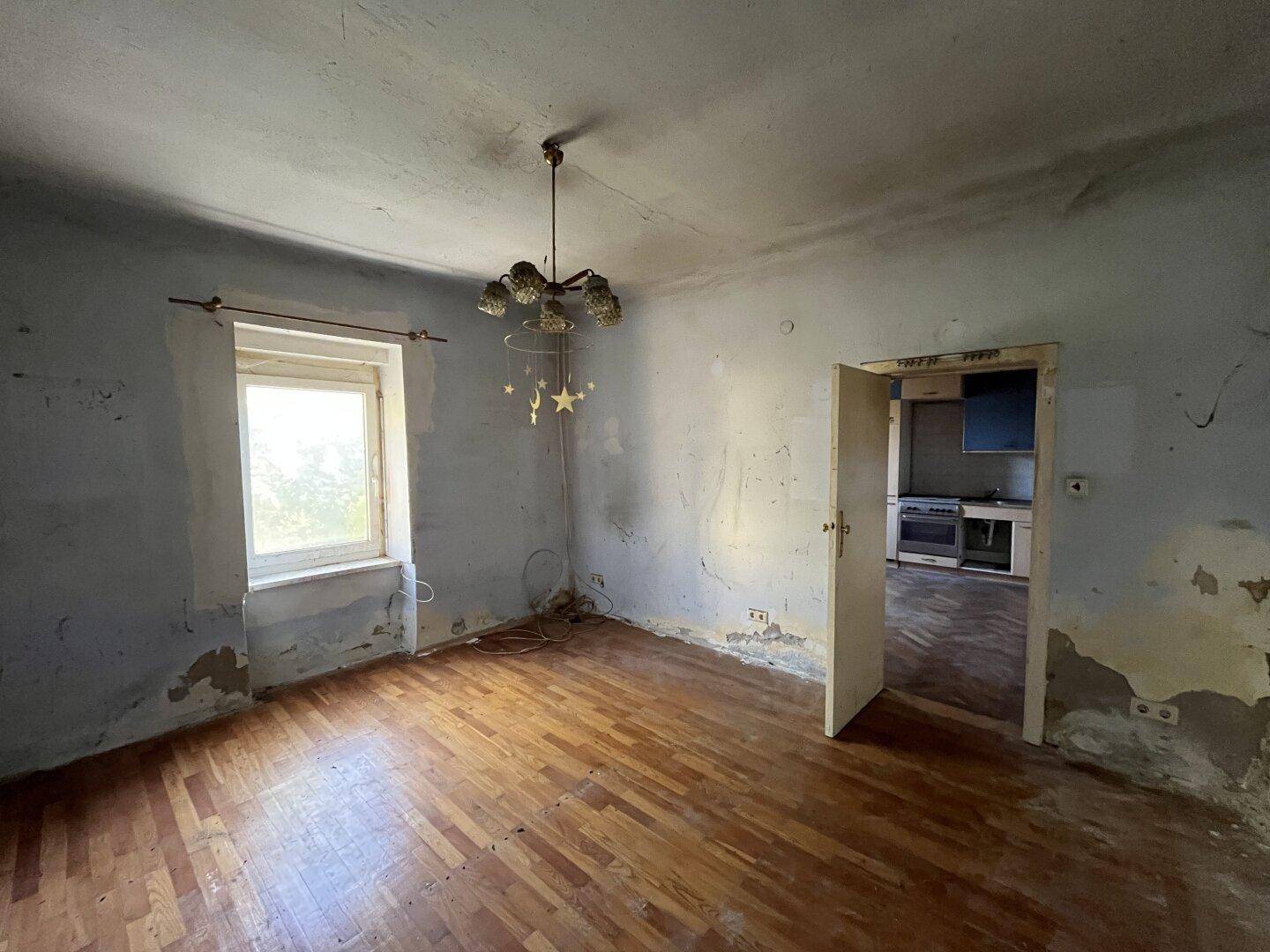 Renovierungsbedürftiges Wohnzimmer mit Holzboden, abblätternder Farbe und Blick ins Grüne.