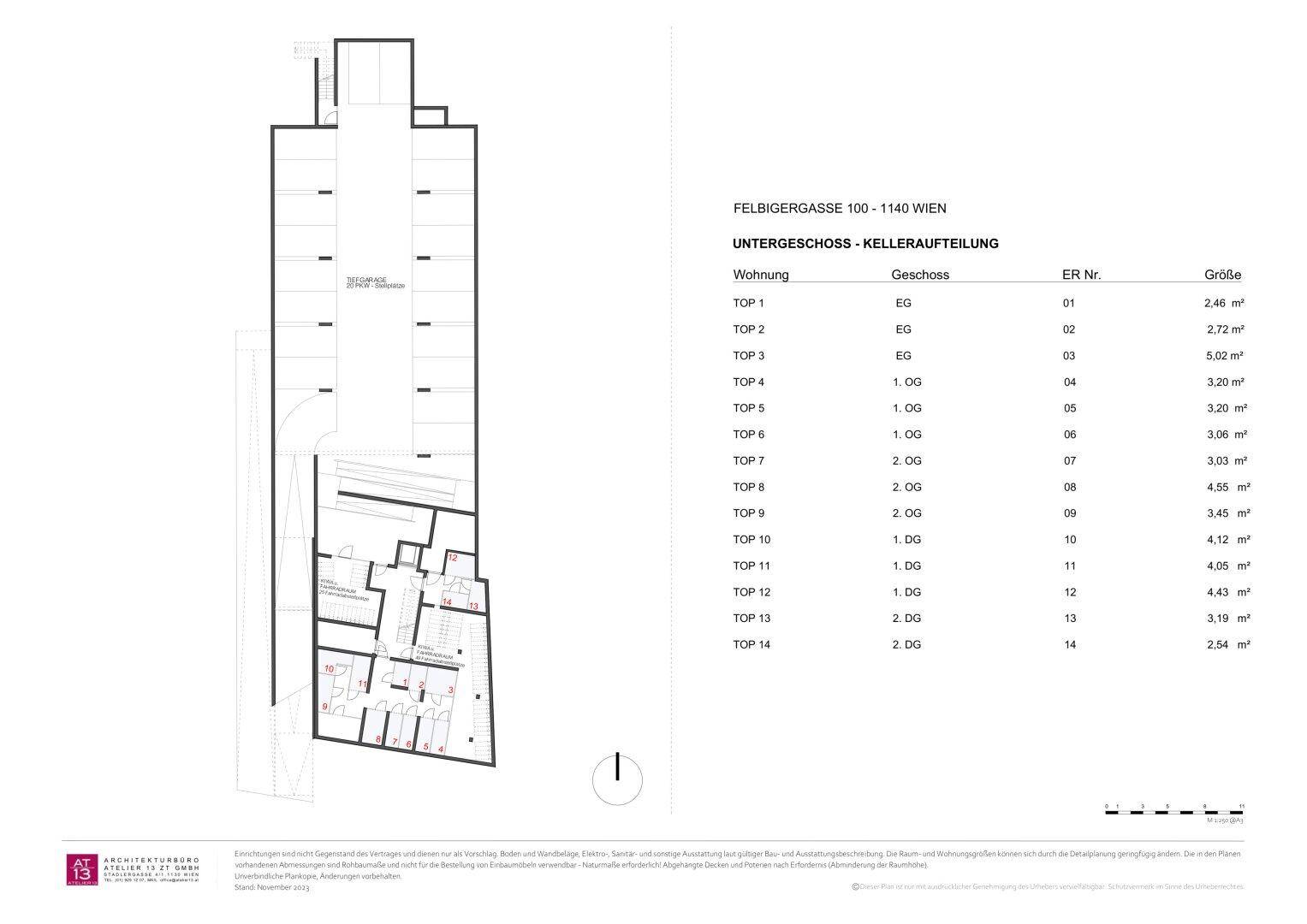 Grundriss der Kelleraufteilung mit verschiedenen Abstellräumen und deren Größenangaben.