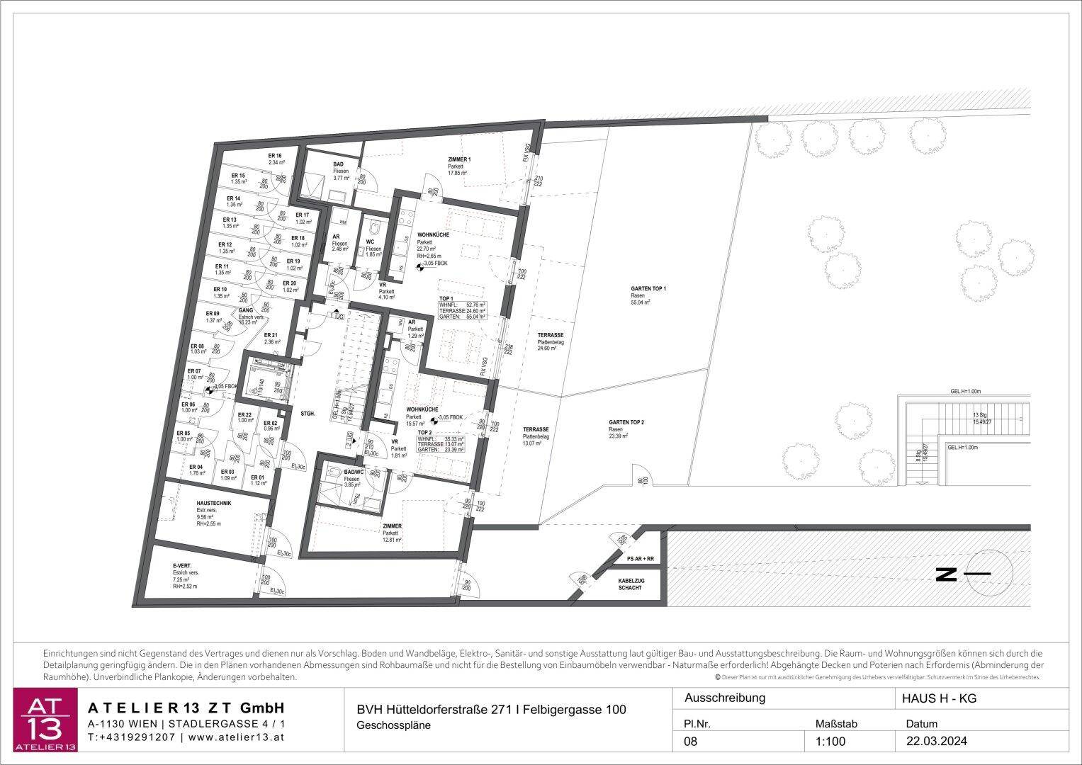 Detaillierter Gesamtgrundriss mit mehreren Wohneinheiten, Terrassen und Gartenbereichen.