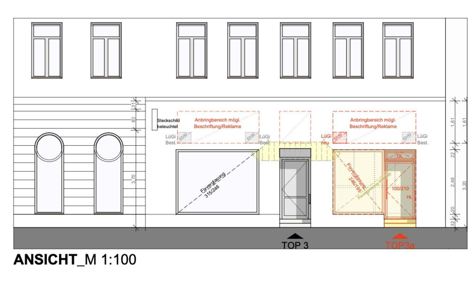 Architektonische Zeichnung der Gebäudefassade mit Ladenfronten und Fenstern im Obergeschoss.