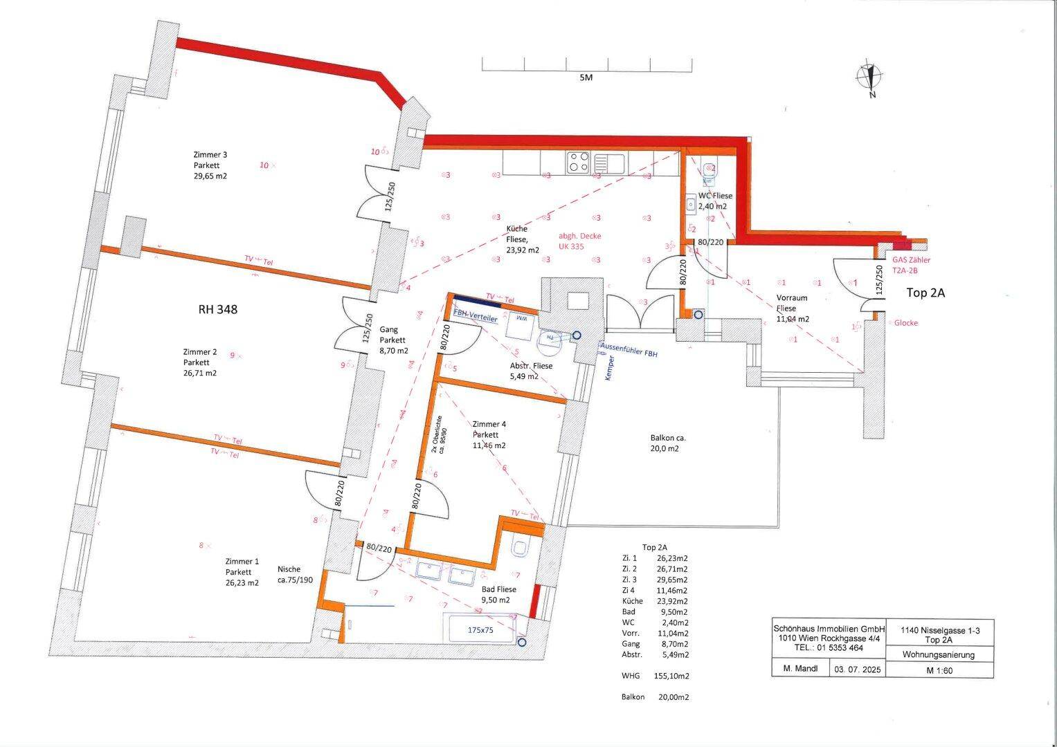 Detaillierter Grundriss einer Wohnung mit mehreren Zimmern, einem Balkon und Flächenangaben.