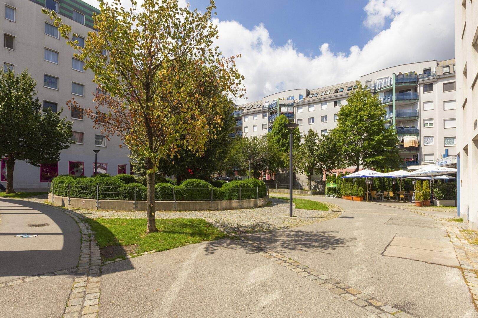 Begrünter Innenhof der Wohnanlage mit Bäumen und Sträuchern, bietet Erholung im Freien.