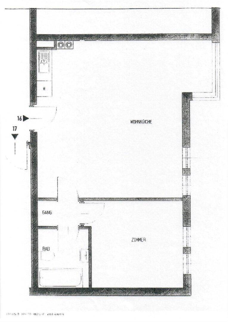Grundriss einer Wohnung mit offener Wohnküche, einem Zimmer, Bad und Flur.