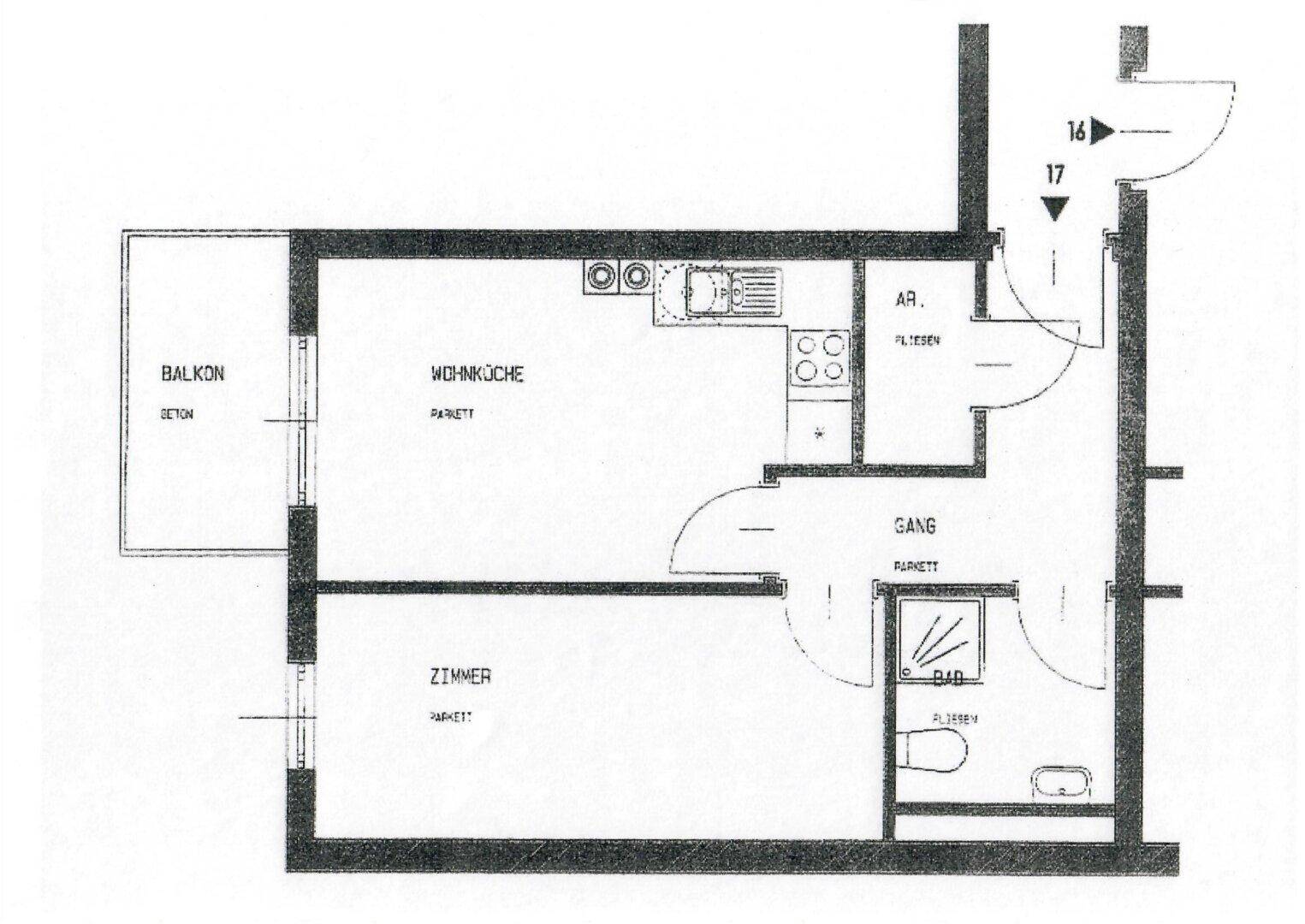 Grundriss einer Wohnung mit offener Wohnküche, einem Zimmer, Bad, Flur und Balkon.