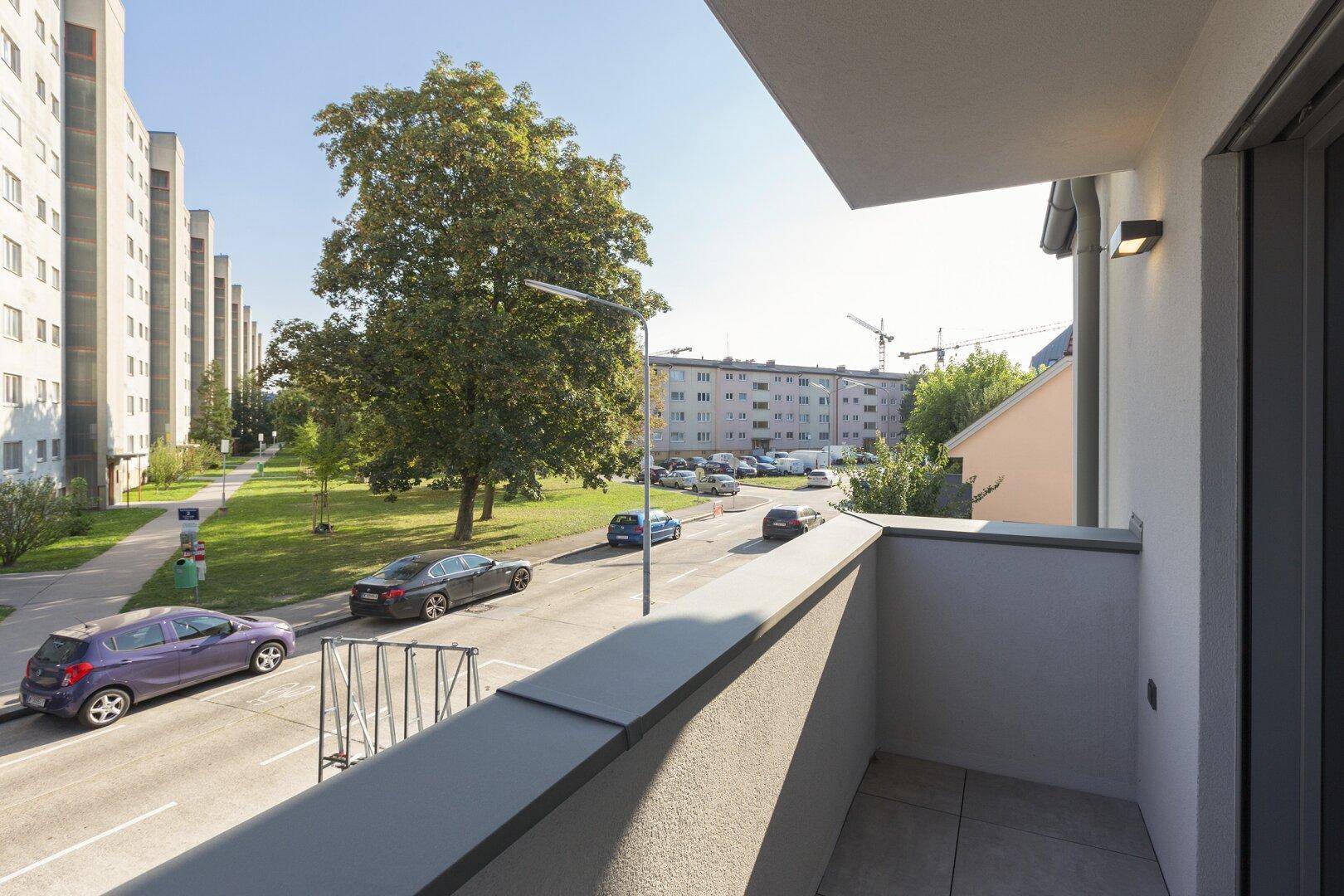 Balkon mit Blick auf die Straße, Grünflächen und umliegende Wohngebäude in städtischer Umgebung.