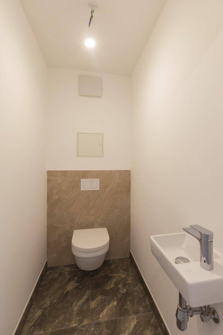 Modernes Gäste-WC mit Wand-WC, kleinem Waschbecken und eleganten Fliesen.