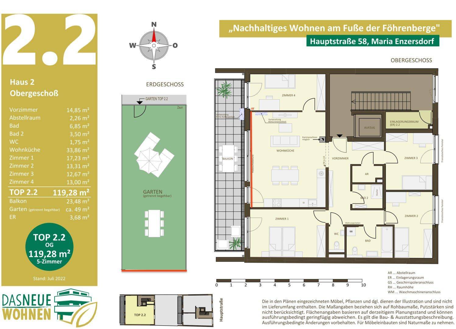 Grundriss des Obergeschosses von Haus 2 mit mehreren Zimmern, offenem Wohnbereich und Gartenlayout.