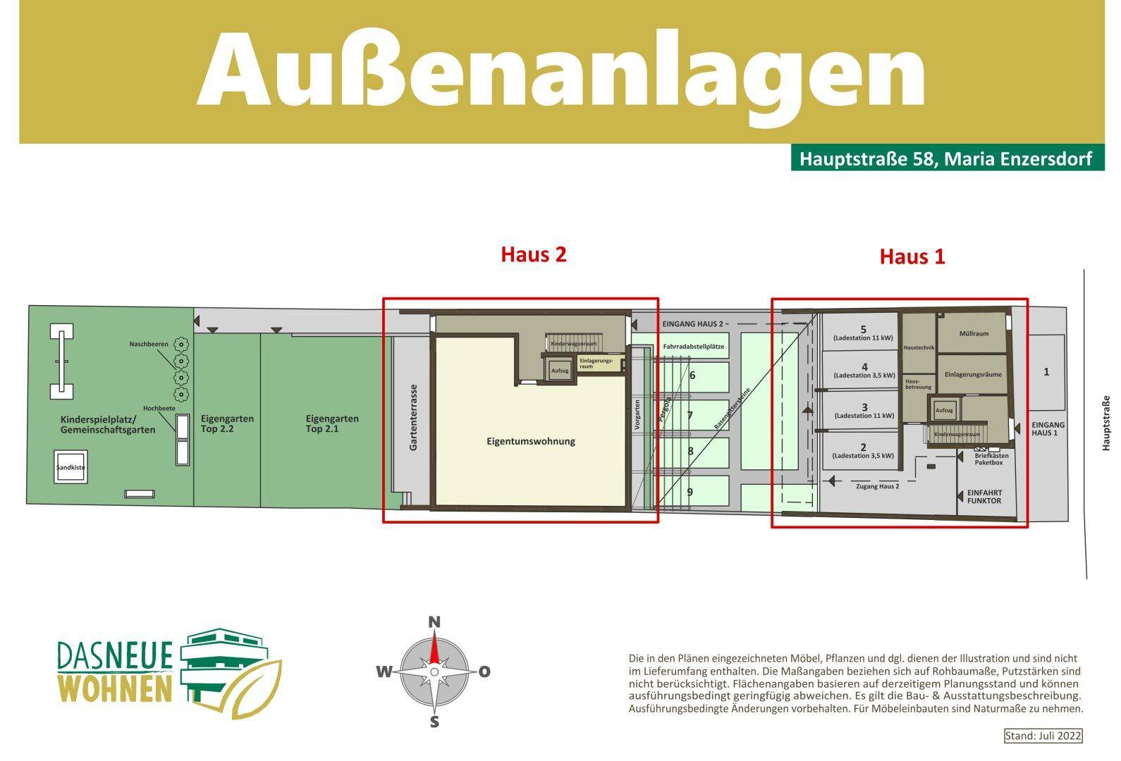 Gesamtübersichtsplan der Außenanlagen für Haus 1 und Haus 2, inklusive Gärten, Spielplatz und Gemeinschaftsflächen.