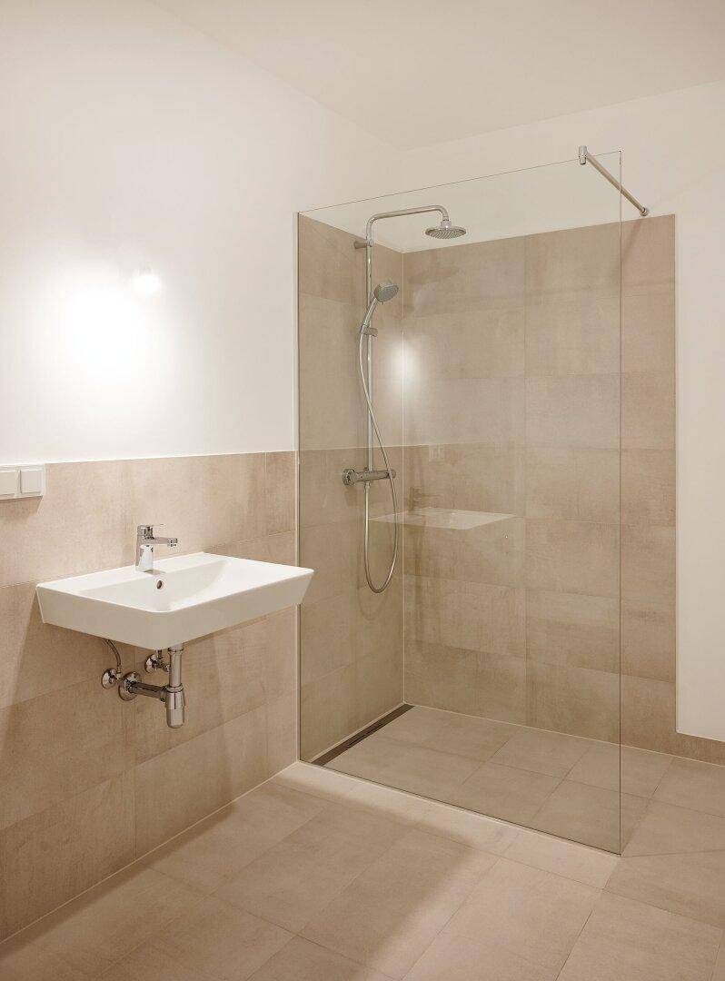 Modernes Badezimmer mit begehbarer Dusche, Glasabtrennung und einem einzelnen Waschbecken.
