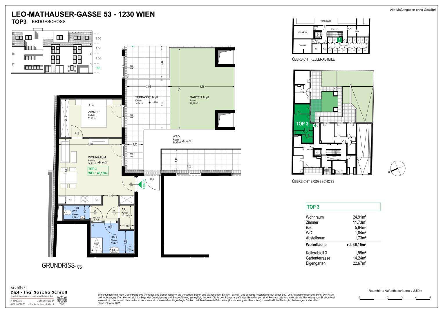 Detaillierter Grundriss von TOP 3 mit Wohnraum, Zimmern, Bad, WC, Terrasse und Garten.