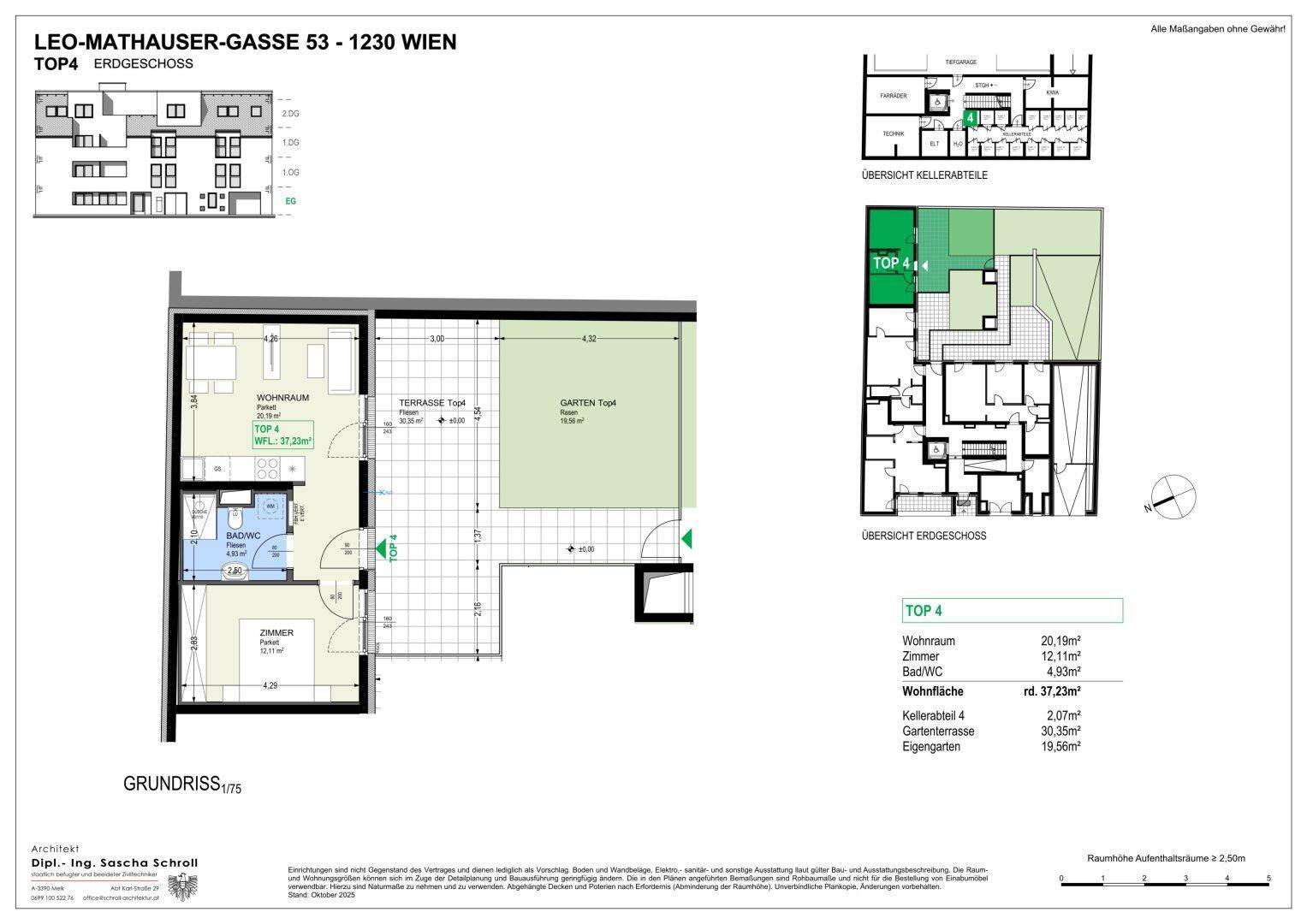 Grundriss einer Erdgeschosswohnung mit Wohnzimmer, Schlafzimmer, Bad, Terrasse und Garten.