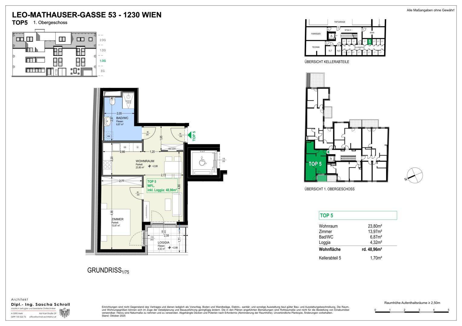 Grundriss der Wohnung TOP 5 im ersten Obergeschoss mit Wohnraum, Zimmer und Loggia.