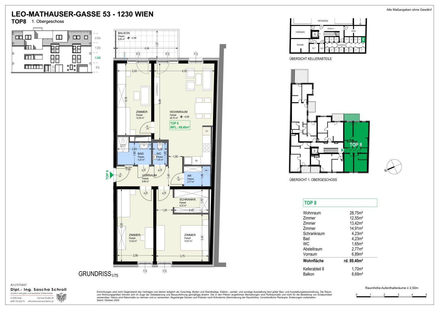 Detaillierter Grundriss der Wohnung Top 8 im Obergeschoss mit Balkon und Kellerabteil.