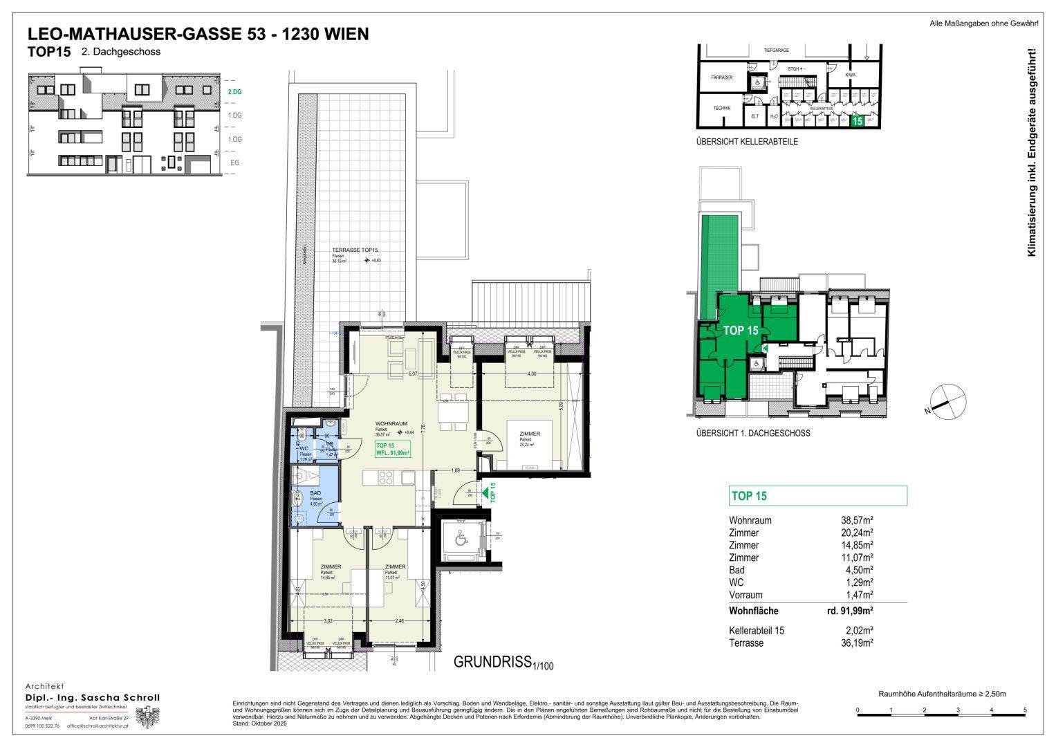 Detaillierter Grundriss der Wohnung TOP 15 im 2. Dachgeschoss mit Terrasse und Kellerabteil.