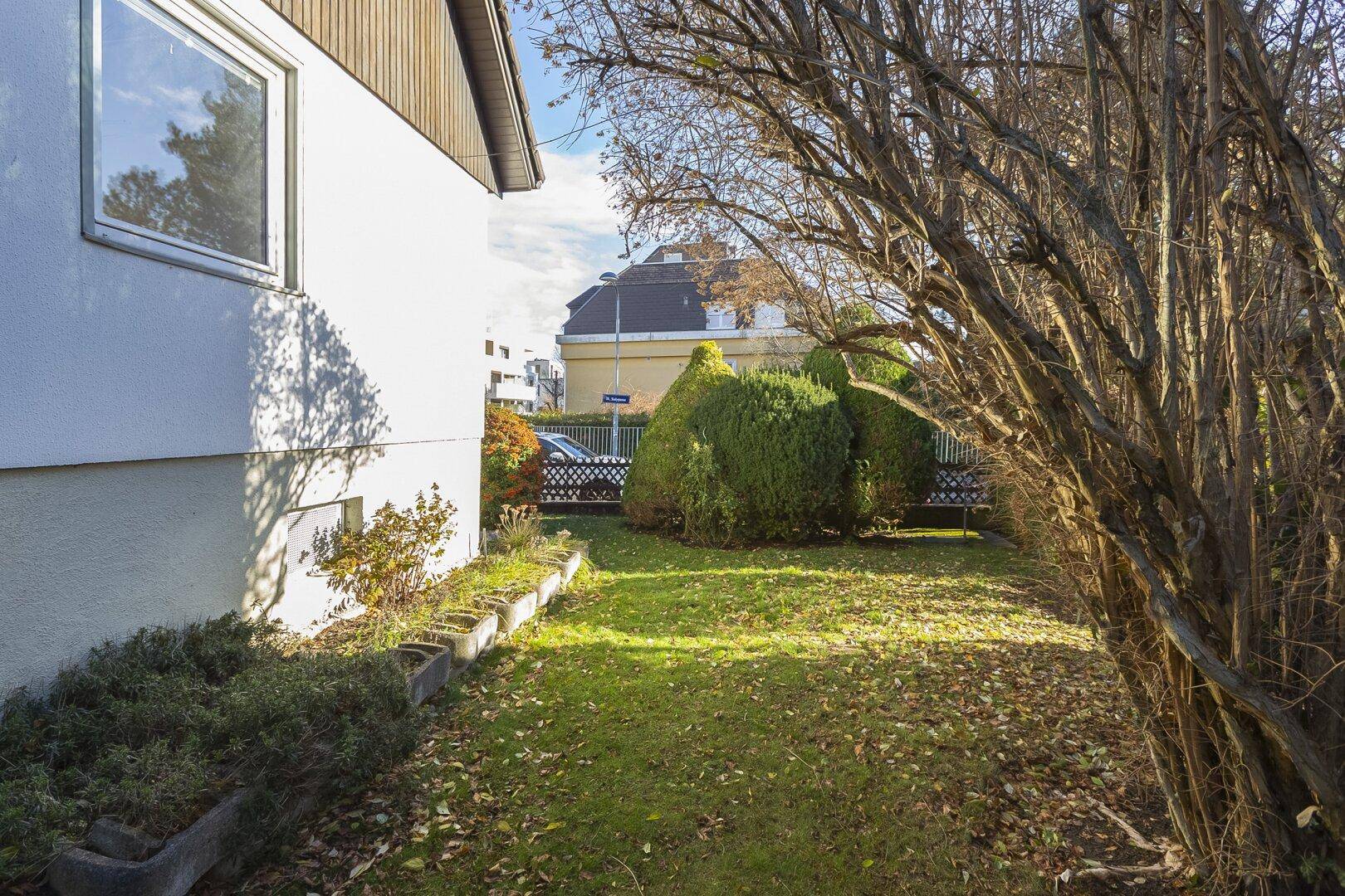 Seitlicher Gartenbereich mit Rasenfläche, Sträuchern und Blick auf die Nachbarschaft.