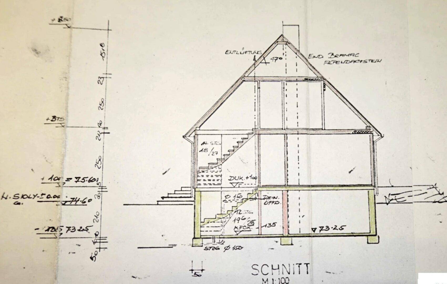 Architektonischer Schnittplan des Hauses mit Darstellung der Geschosse und Treppen.
