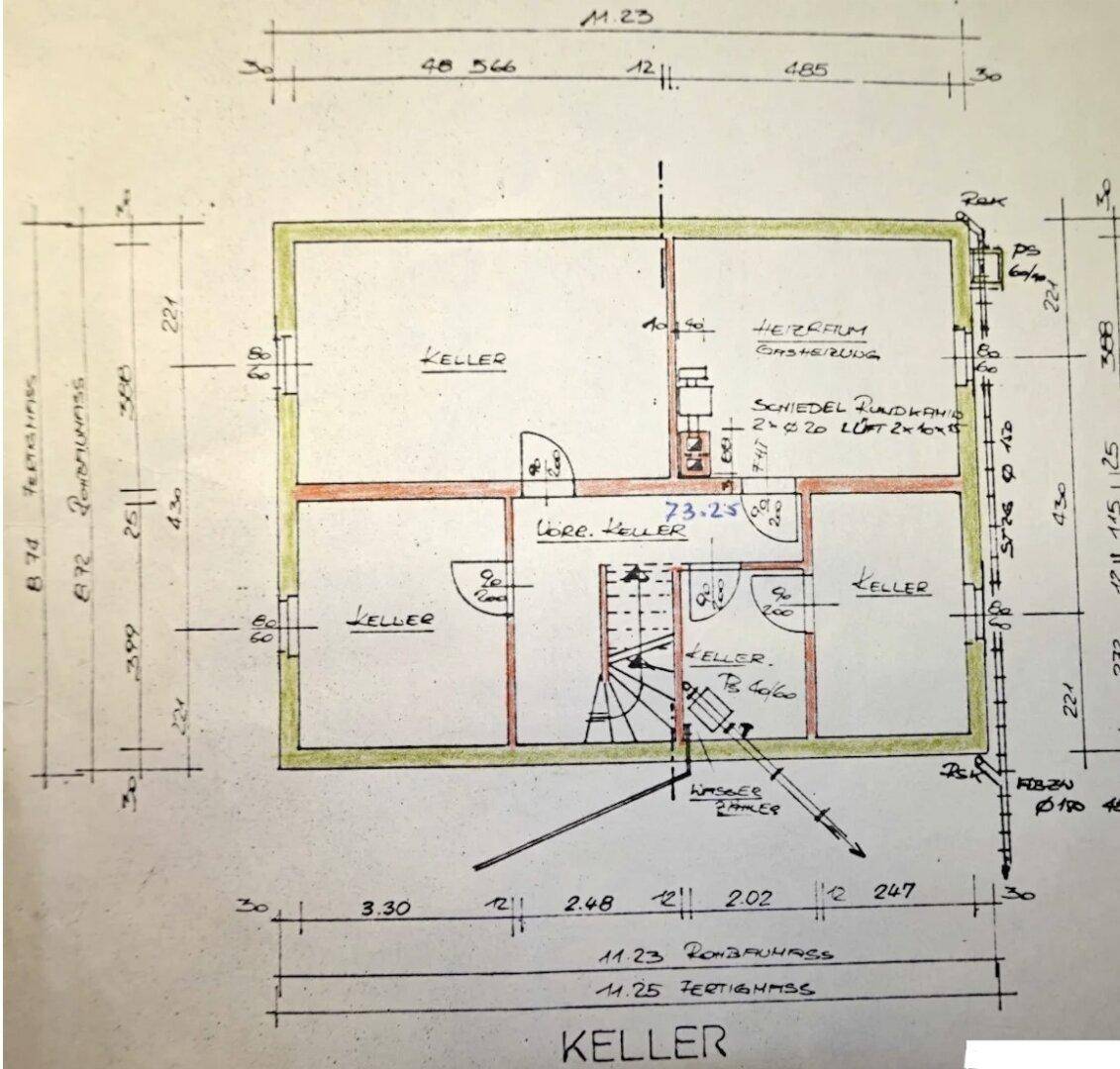Grundriss des Kellers mit Heizraum und weiteren Kellerräumen.