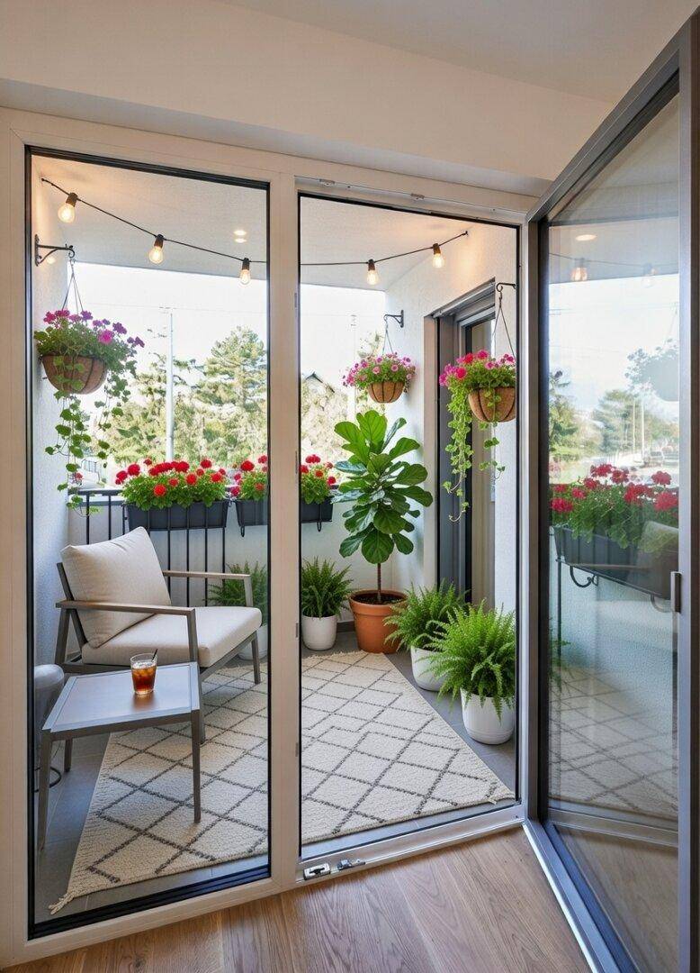 Gemütlicher Balkon mit vielen Pflanzen, Sitzgelegenheiten und Lichterkette für entspannte Abende.