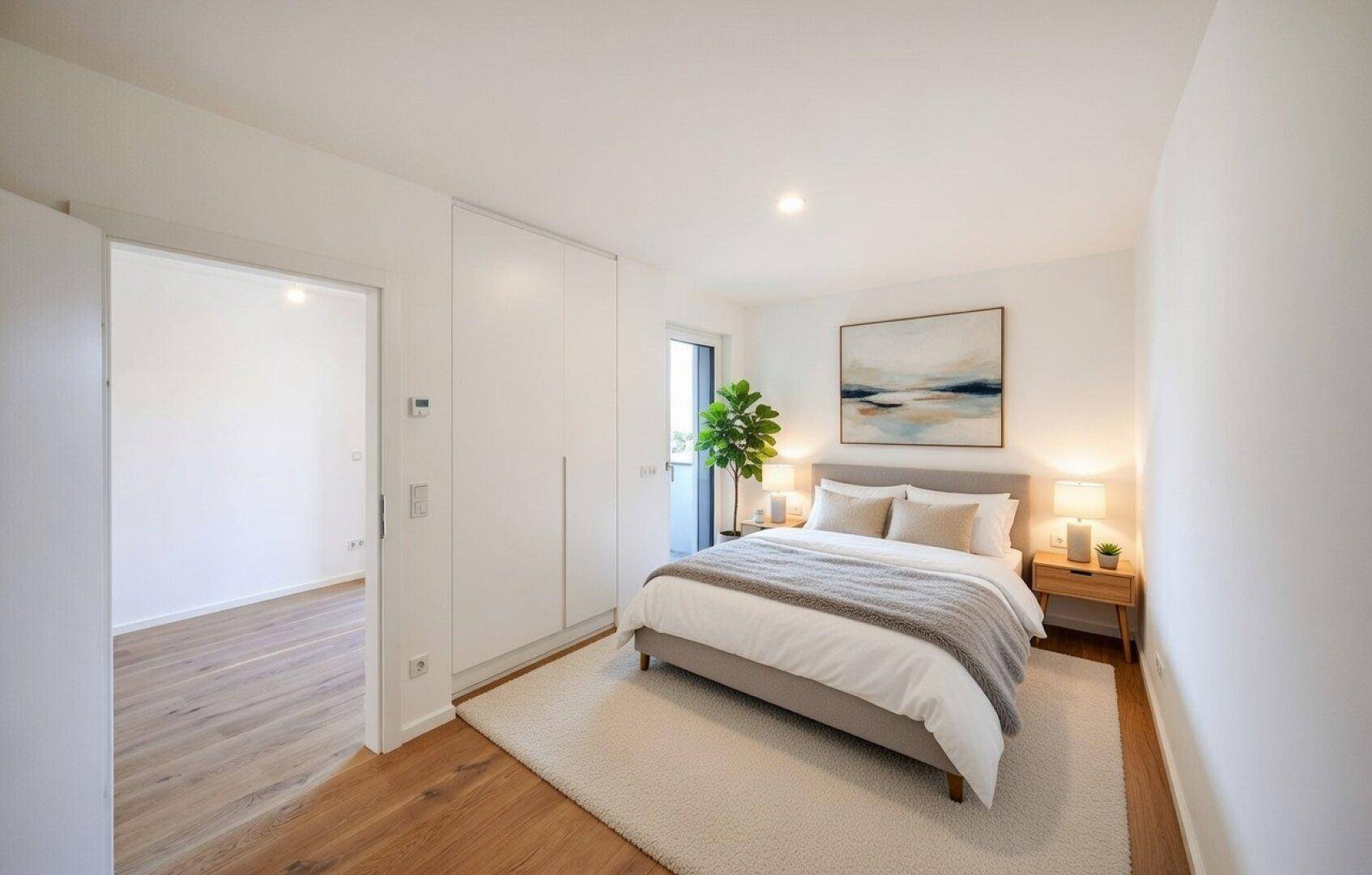 Modern eingerichtetes Schlafzimmer mit Doppelbett, Einbauschrank und Zugang zu einem weiteren Raum.