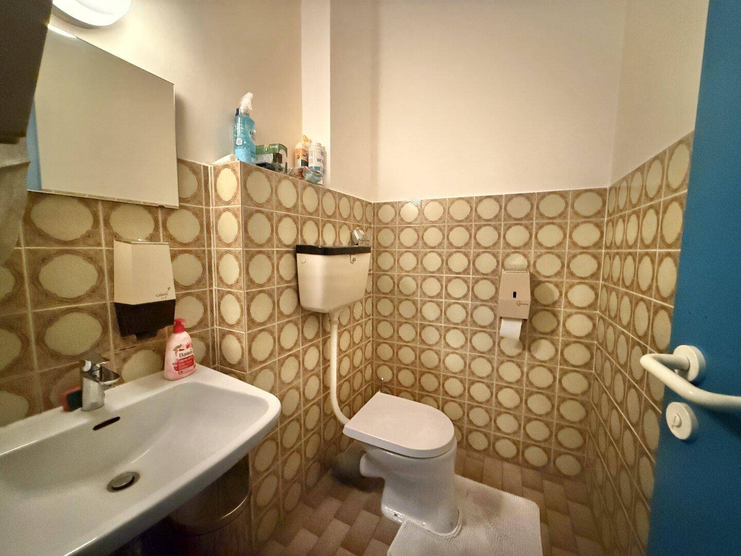 Kleine Toilette mit Retro-Fliesenmuster, Waschbecken und WC, in gutem, funktionalem Zustand.