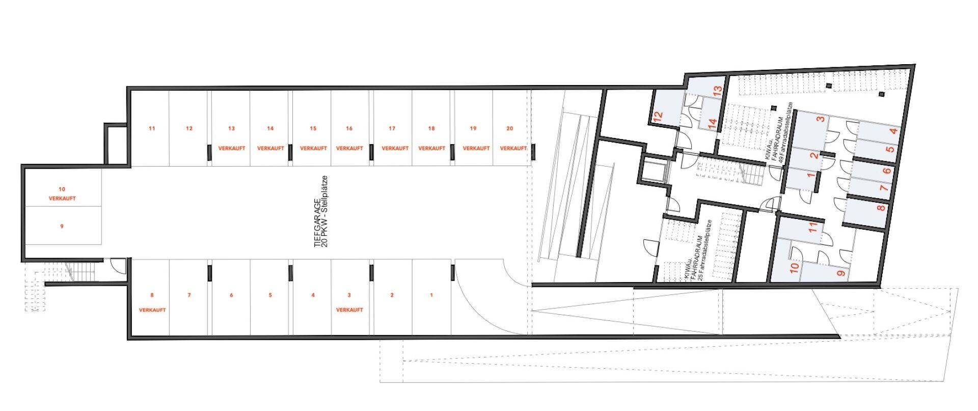 Grundriss des Untergeschosses mit zahlreichen Abstellräumen und Zugang zu Treppenhäusern.