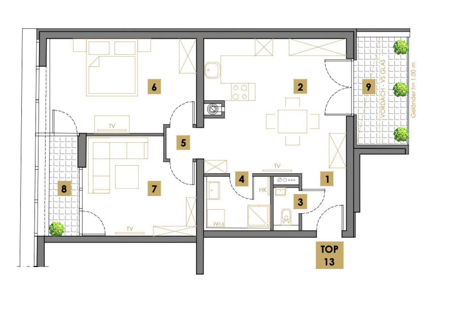 Detaillierter Grundriss einer Wohnung mit zwei Schlafzimmern, offenem Wohnbereich und zwei Balkonen.