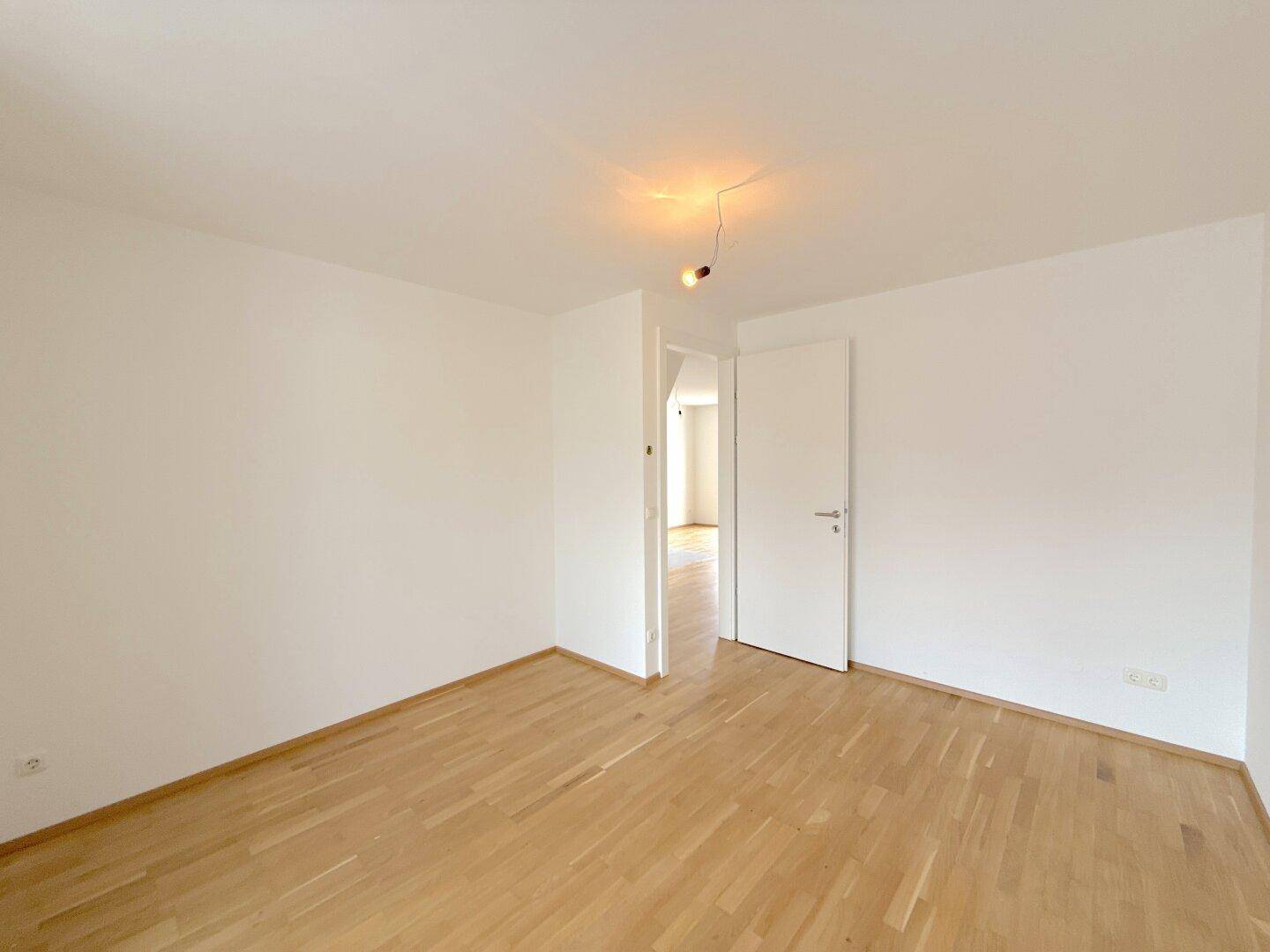 Leeres Zimmer mit Parkettboden und einer Tür, die zu einem weiteren Raum führt, in hellem Zustand.