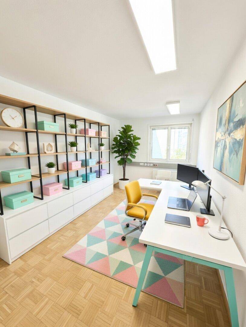 Modernes Büro mit farbenfrohem Teppich, offenem Regal und einem gelben Bürostuhl.