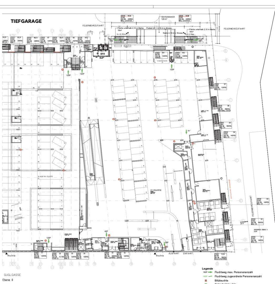 Grundriss einer Tiefgarage mit zahlreichen Parkplätzen und Zufahrtswegen.