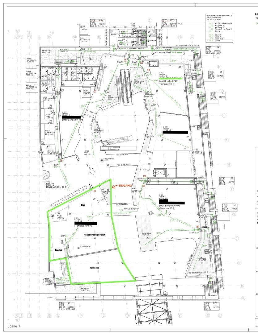 Grundriss der Ebene 4 mit Restaurantbereich, Bar, Küche und großer Terrasse, inklusive Eingang.