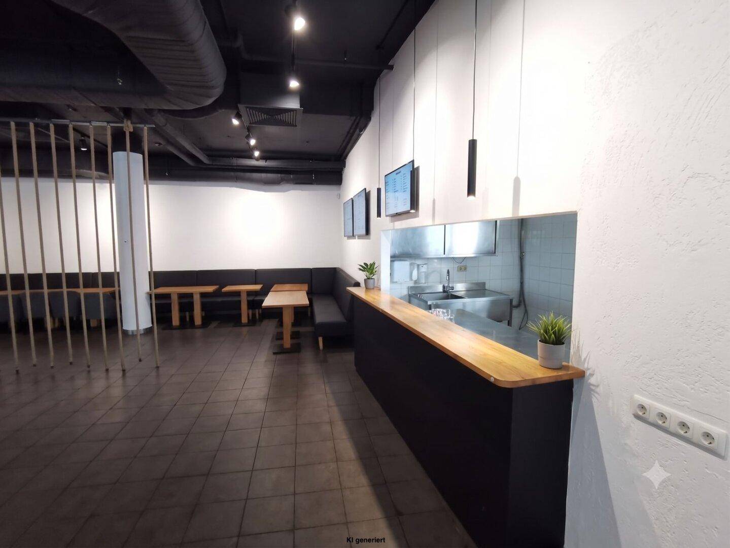Gastronomiebereich mit Theke, Sitzbänken und Blick in die Edelstahlküche.